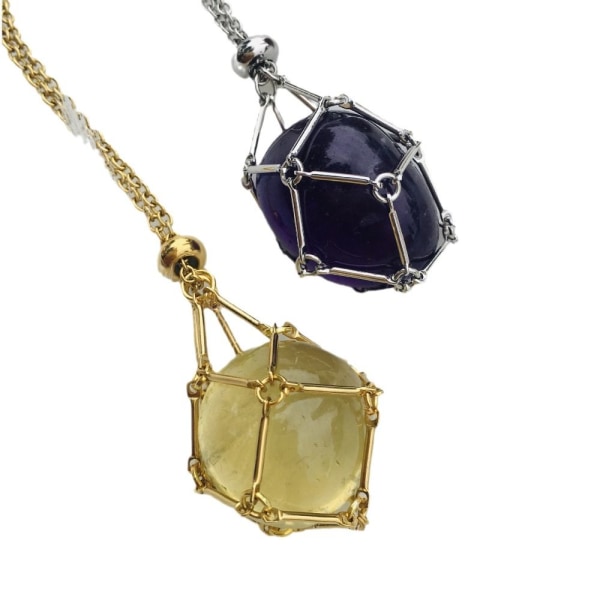 Crystal Holder Cage Necklace Crystal Net Metal Halsband GULD Gold Amethyst-Amethyst