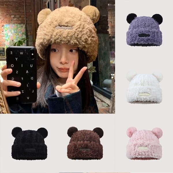 Stickad mössa Bear Ear Hat ROSA pink