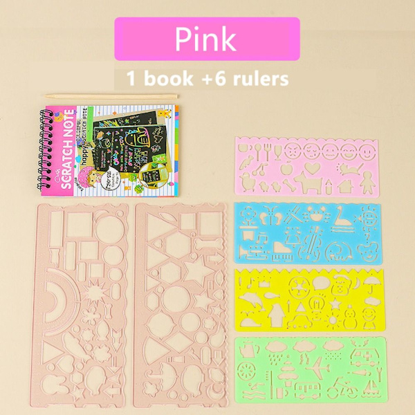 Scratch Paper Art Rainbow Scratch Notebook ROSA MED 6 LINJER Pink With 6 rulers-With 6 rulers