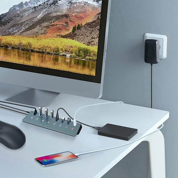 8 portar USB 3.0 Hub-driven USB expanderare med på/av-knappar