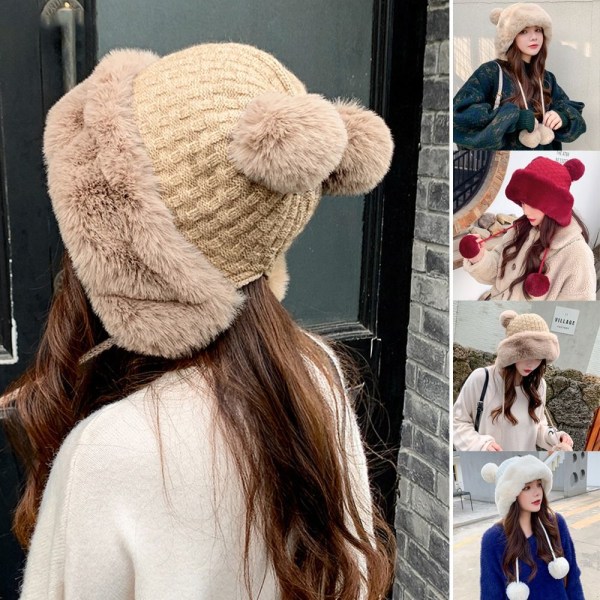 Faux Fur Beanies Hat Strikket Hue HVID white