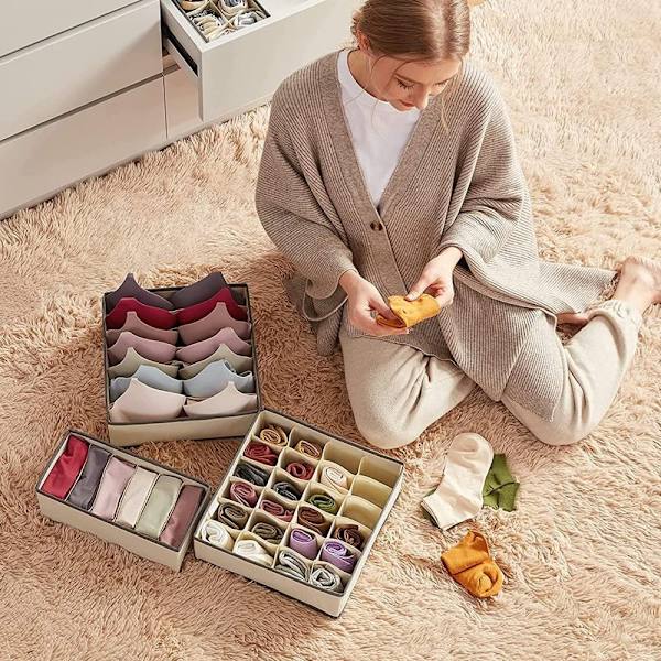 4 STK Skuffe Organizer Opbevaringsboks BEIGE OG KAFFE Beige and Coffee