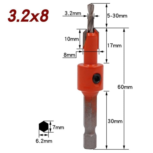 Försänkande borrskär sexkantskaft 3,2X8 3.2x8