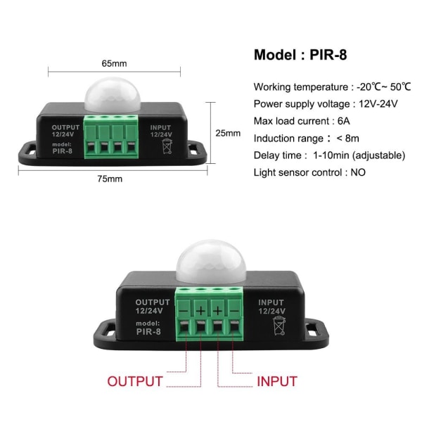 Sensorlysbryter LED Strip Sensorkontroller PIR2025B PIR2025B