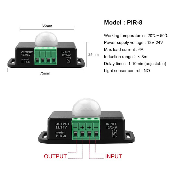 Sensorlysbryter LED Strip Sensorkontroller PIR8 PIR8 PIR8