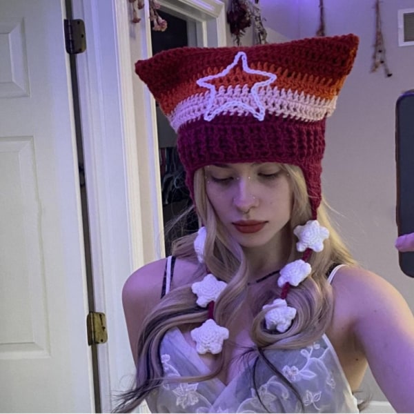 Cat Ear Hairball Beanies Hat Stripe Stickad Cat Ear Hairball Style 7