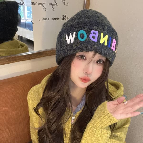 Rainbow Letter Beanie Stickad Beanie Hat KAFFE coffee