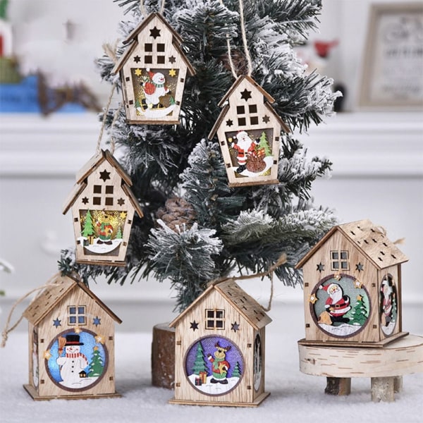 2ST Christmas Luminous Cabin Luminous Trähus DUBBELTAK Double Roof Snowman