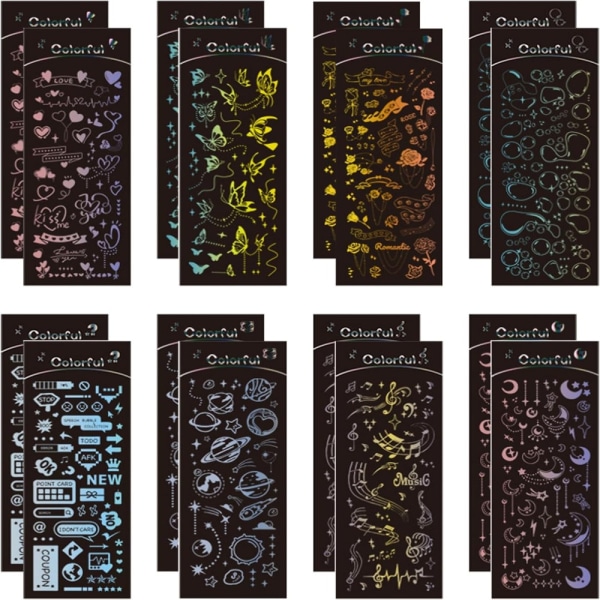 16 ark holografiske klistermærker Deco Stickers Glitter Stickers