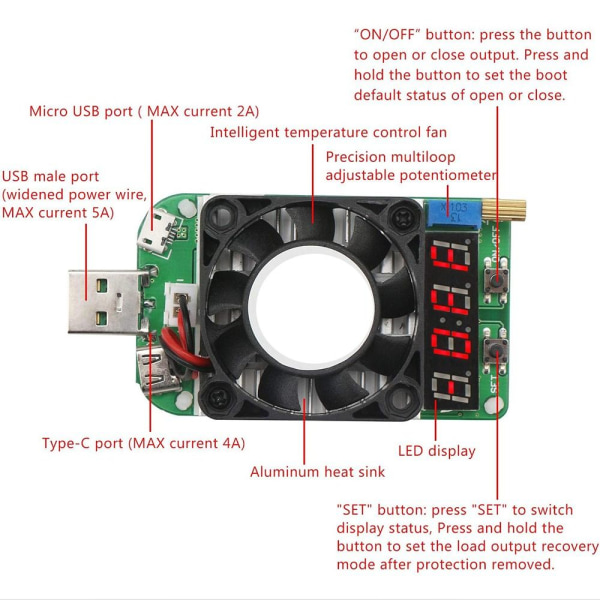 Intelligent temperaturkontroll USB Load Tester Elektronisk last