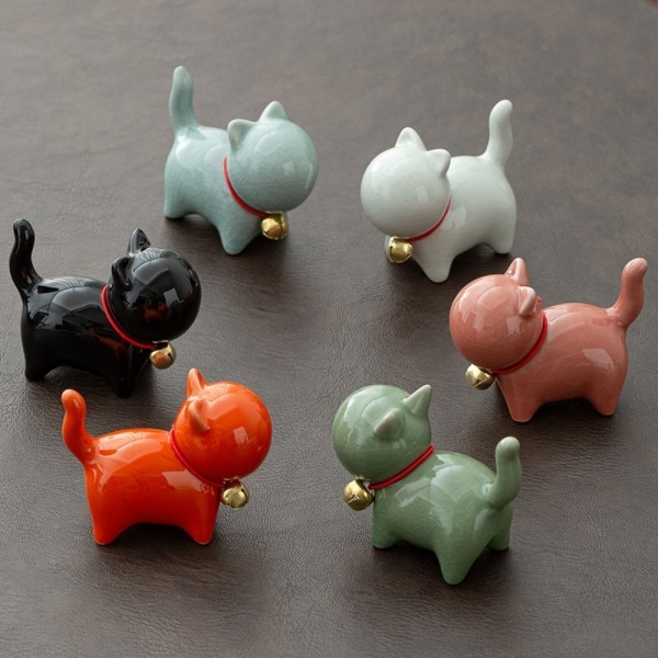 Naturlig Keramik Kat Hund Træ Puppy Figurer ORANGE Orange