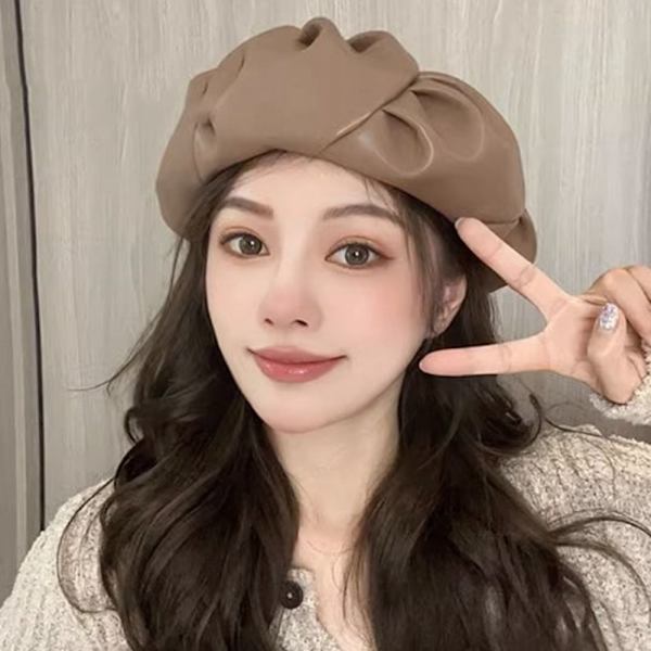 Beret Cap PU Skinn Berets KHAKI Khaki