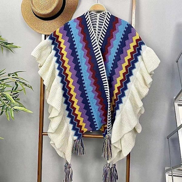 Mongolisk Poncho Cardigan Tofs Sjal BLÅ blue