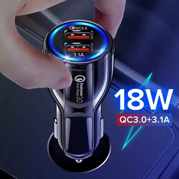18W 3.1A Biloplader Dual USB Hurtigopladning SORT black