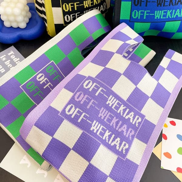 Stickad rutväska för kvinnor Canvas Tote Axelväskor 4 4