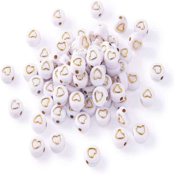 500 kpl 7x4mm valkoiset akryylihelmet Kultainen Heart Pony Bead