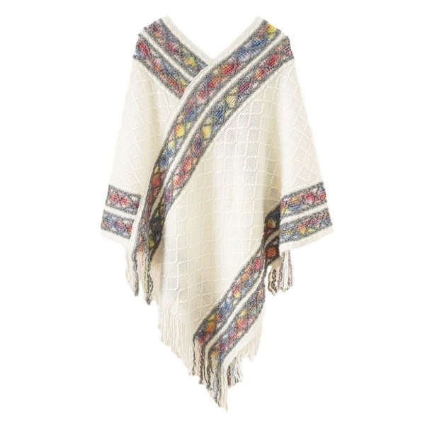 Mongolisk Poncho Rhombic Stripe Tofssjal VIT white