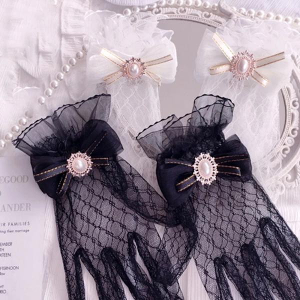 Svart Vita Spetshandskar Gothic Lolita Mesh Rosetthandske SVART Black