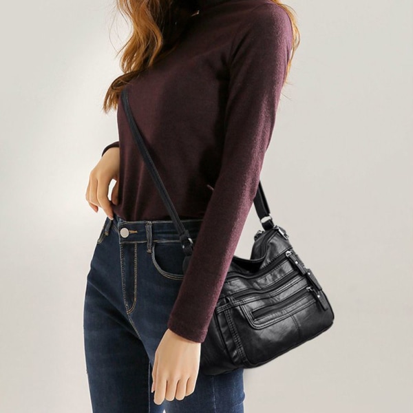 Skuldervesker i mykt skinn for kvinner Multi-Layer Vintage Bag black