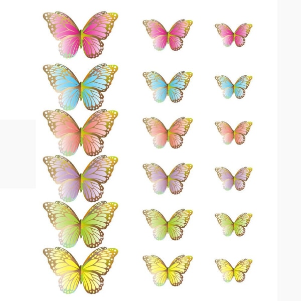18 STK 3D sommerfugl klistremerker Hule sommerfugler dekaler RAINBOW rainbow gold