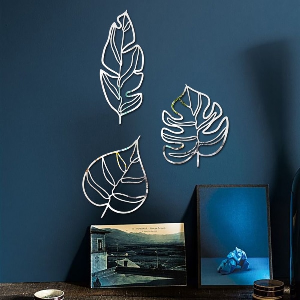 3STK/Sett Wall Stickers 3D Hollow Line Leaf SØLV silver