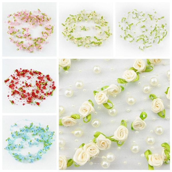 Artificial Rose Flowers Girlander Faux Pearls Beads Chain BEIGE beige