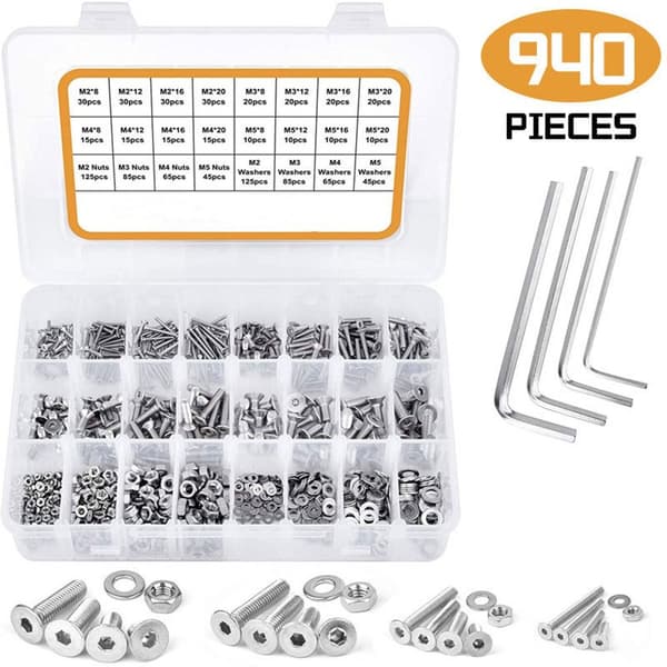 940st Skruv Sortiment Flat Head Socket Cap Skruvar Bultar och