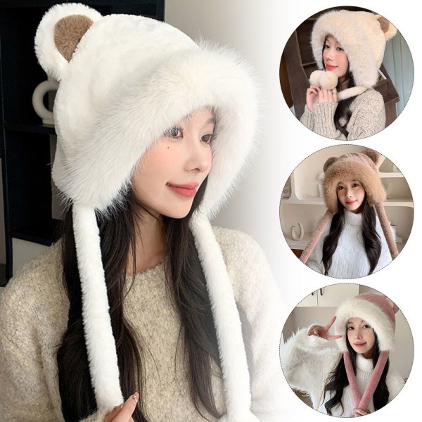 Faux Fur Beanies Hattu Kissa Korva Neulottu Cap BEIGE beige