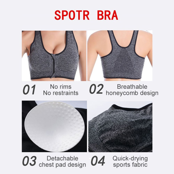 Dragkedja Sport BH Plus Size Löpning Yoga Fitness GRÅ L grey L