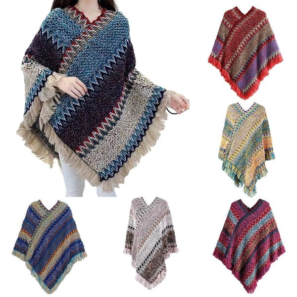 Mongolsk Poncho Pullover Tassel Sjal RØD red