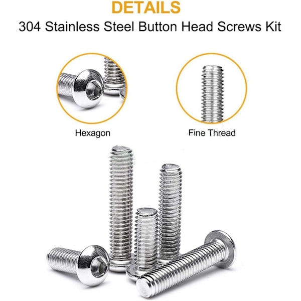 570 STK Hex Socket Cap Bolts Button Head Skruer Rustfritt stål