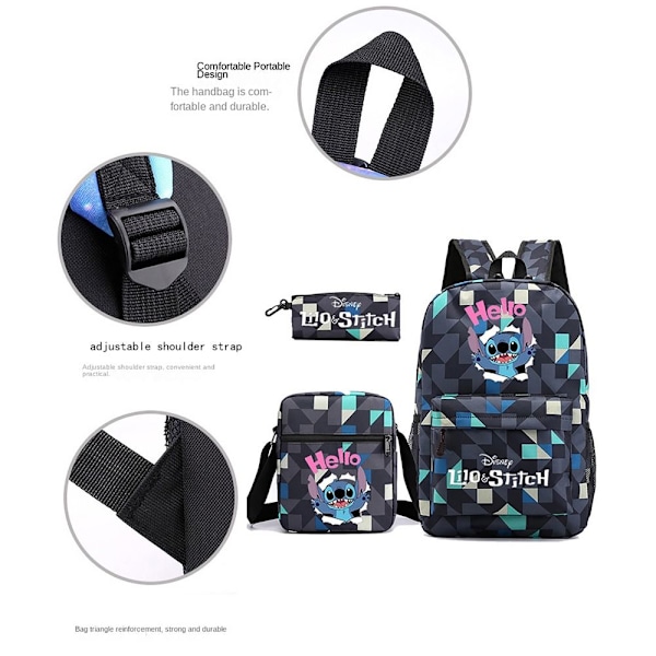 3-delt Set Stitch Ryggsekk Skulderryggsekk Canvas SORT A A BLACK A