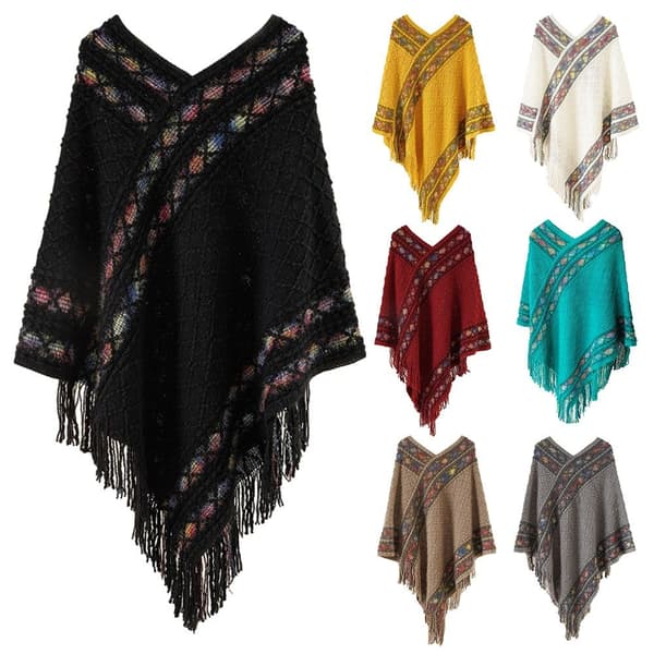 Mongolsk Poncho Rombe Stribe Kvast Sjal SORT black
