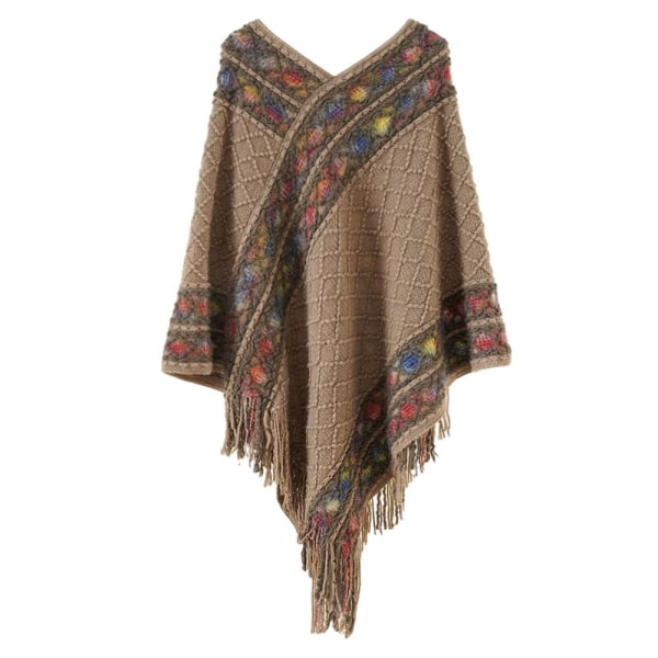 Mongolsk Poncho Rhombic Stripe Tassel Sjal KHAKI khaki