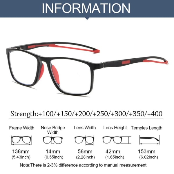 Anti-blått ljus Läsglasögon Fyrkantiga glasögon RÖD STYRKA Red Strength 150