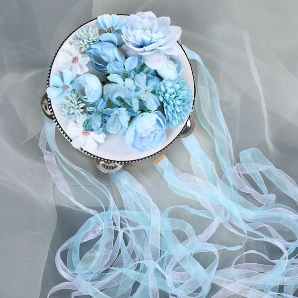 Ribbon Hand Drum Etnisk Dans Performance Prop BLÅ&VIT Blue&white
