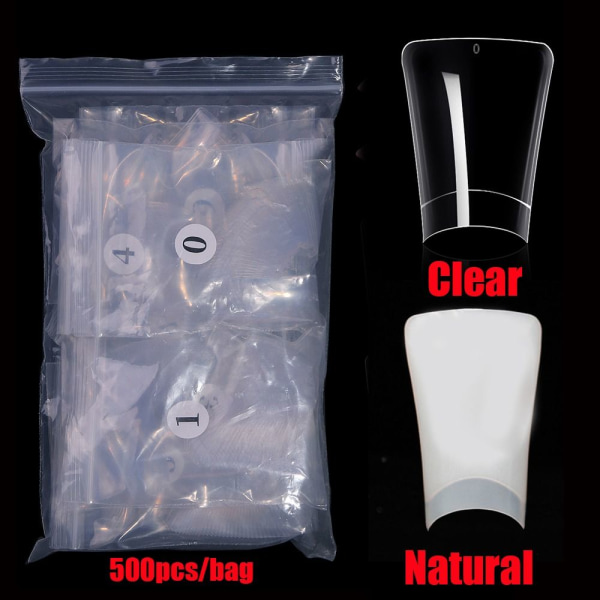 500 STK Duck Nail Tips Halv Deksel CLEAR Clear