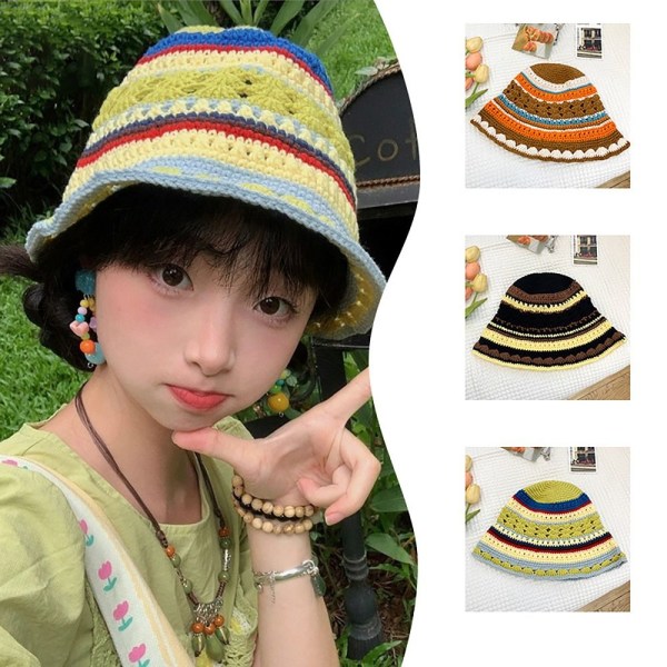 Knitted Bucket Hat Striped Fisherman Hat VIHREÄ GREEN