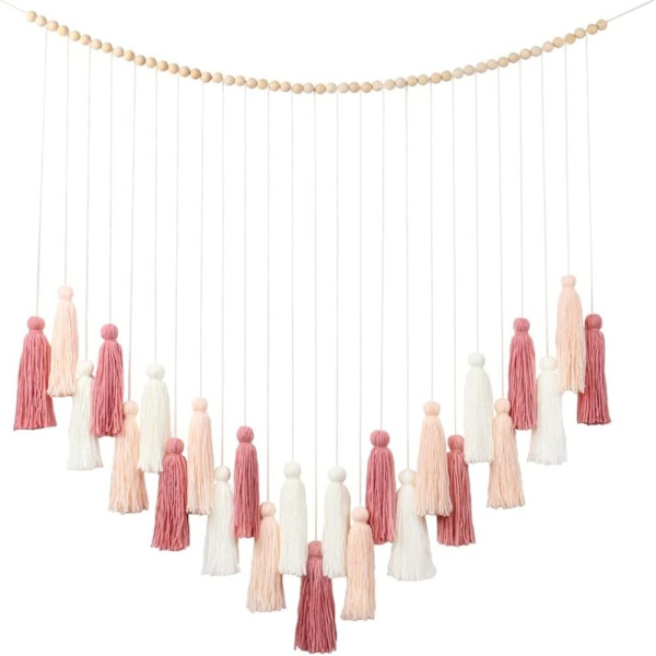 Blush Pink Dusk Vegghengende Vevd Tapestry Wood Bead Fringe