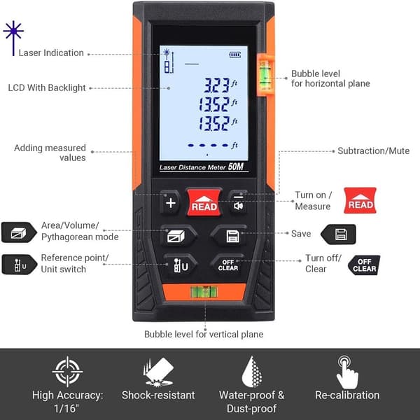 Laser Distance Meter Range Finder med 2 bobleniveauer