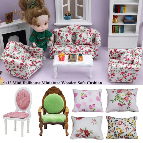 1/4 st Träbord Dollhouse Soffa Kudde 7 7 7