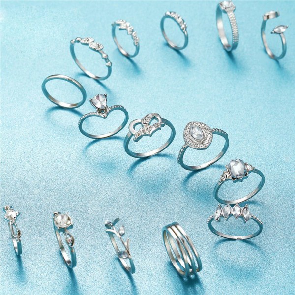 15PCS Rings Set Boho Finger Ring Hollow Heart Leaves Flower