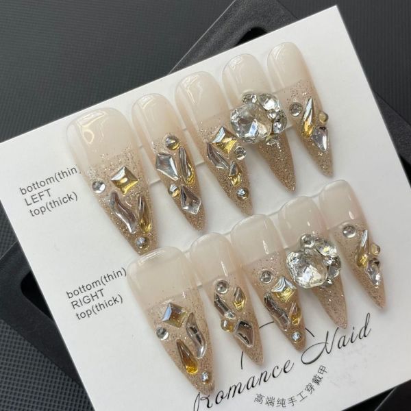 10st Champagne Flash Diamond Handgjorda naglar Pure Manual False M