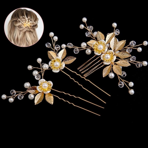 3 kpl / set kultainen lehtihiusneulat Flower Pearl morsiamen hiusklipsit