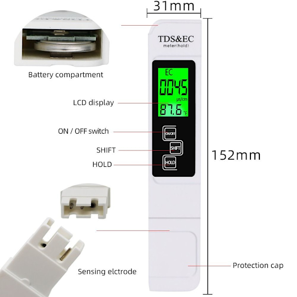Vandkvalitetstester Pen TDS, EC & Temperaturmåler Digital
