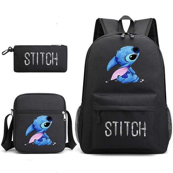 3-delt Set Stitch Ryggsekk Skulderryggsekk Canvas SORT C C BLACK C