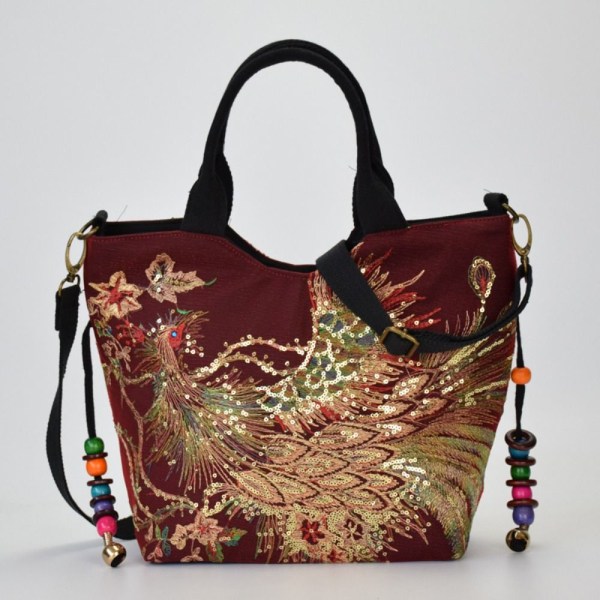 Peacock Brodert Tote Bag Canvas Håndveske RØD NORMAL VERSJON red normal version-normal version