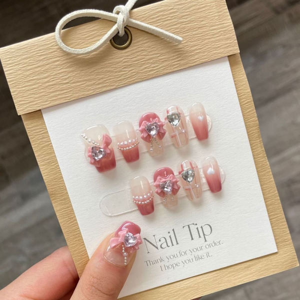 10st Love Bow Handgjorda naglar Pure Manual False Nail SSHORT SShort