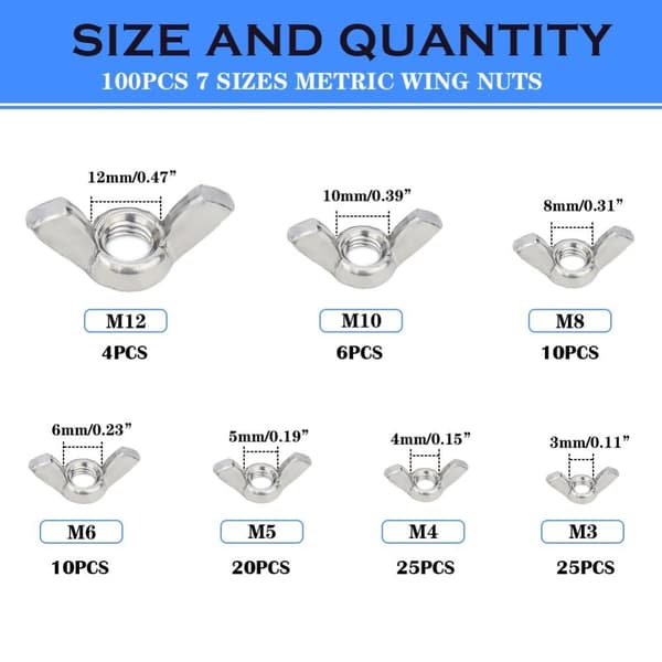 100 STK vingemøtrikker Assorted Kit Fasteners Dele