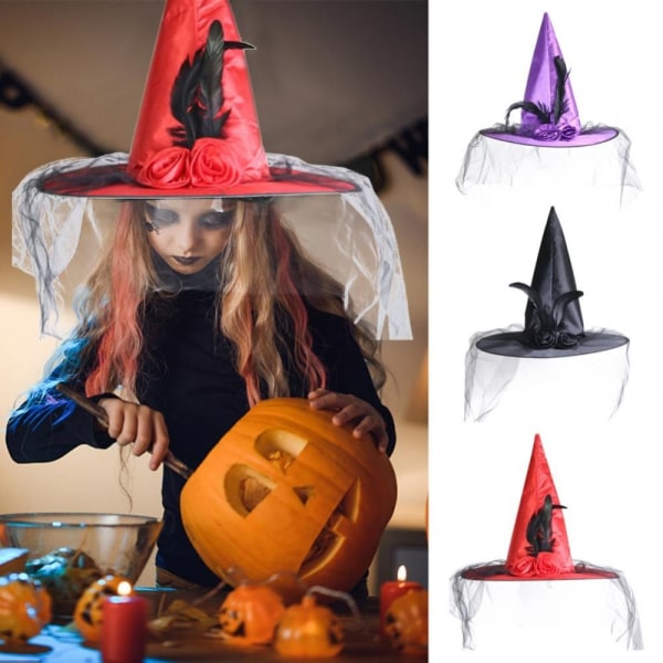 Halloween Witch Hat Feather Wizard lue SVART black